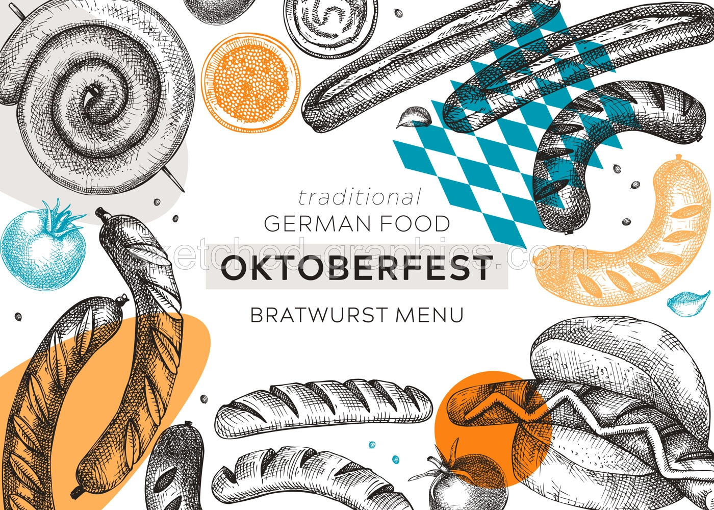 Grilled sausage frame in collage style. Hand-drawn fast food illustration. Barbeque party sketched banner. German food sketches. Oktoberfest background. For picnic, delivery, bar or restaurant design Illustration